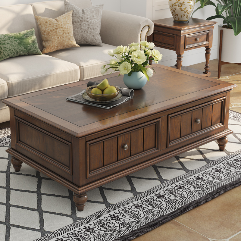 美式全纯实木茶几j电视柜组合小户型客厅复古茶桌简约储物茶台家