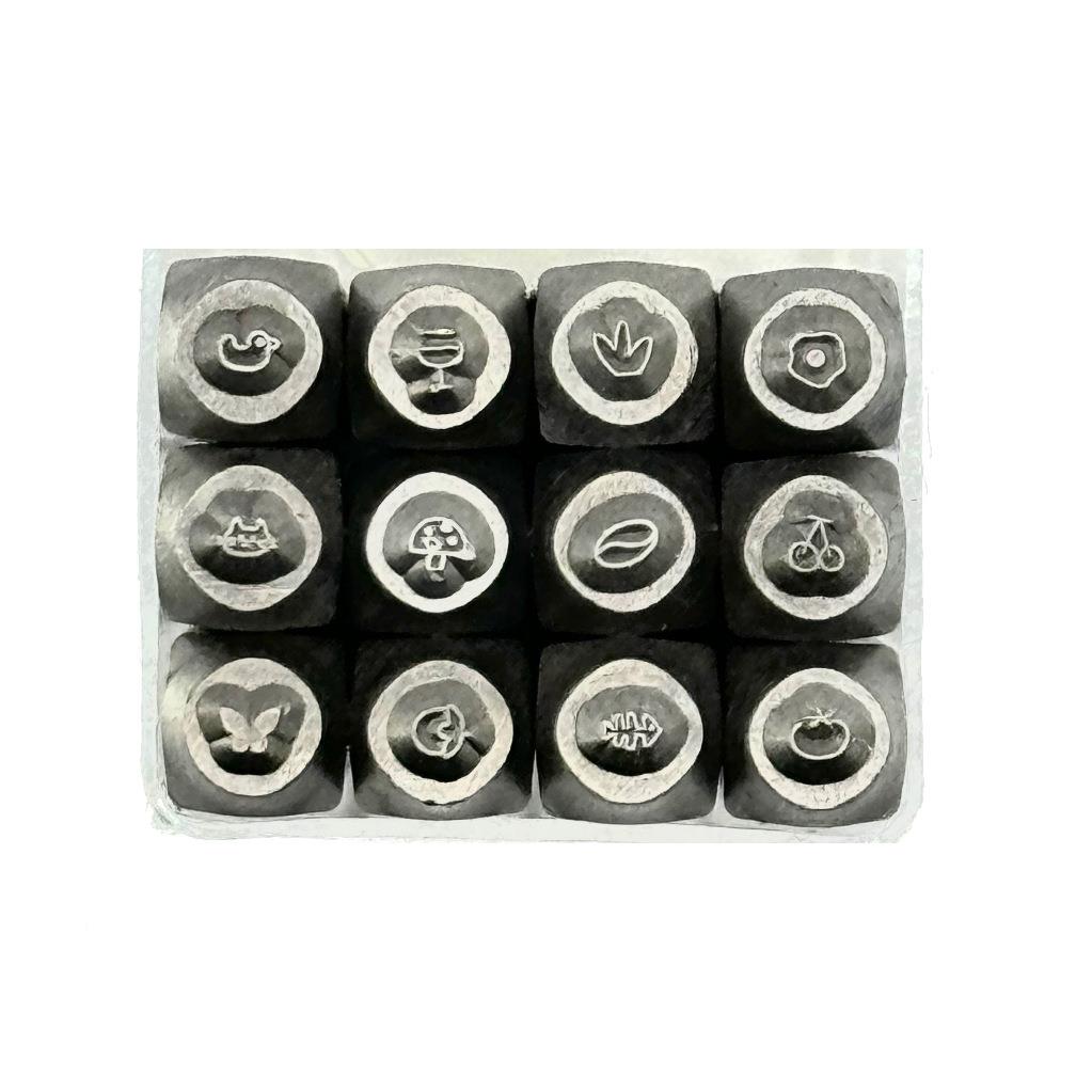 i2毫米12PC图案12件套ns插画猫鱼骨头系列钢印金银首饰錾刻工具花