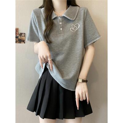 polo领短袖t恤女夏季大码微胖mm百搭刺绣遮肚子显瘦翻领正肩上衣