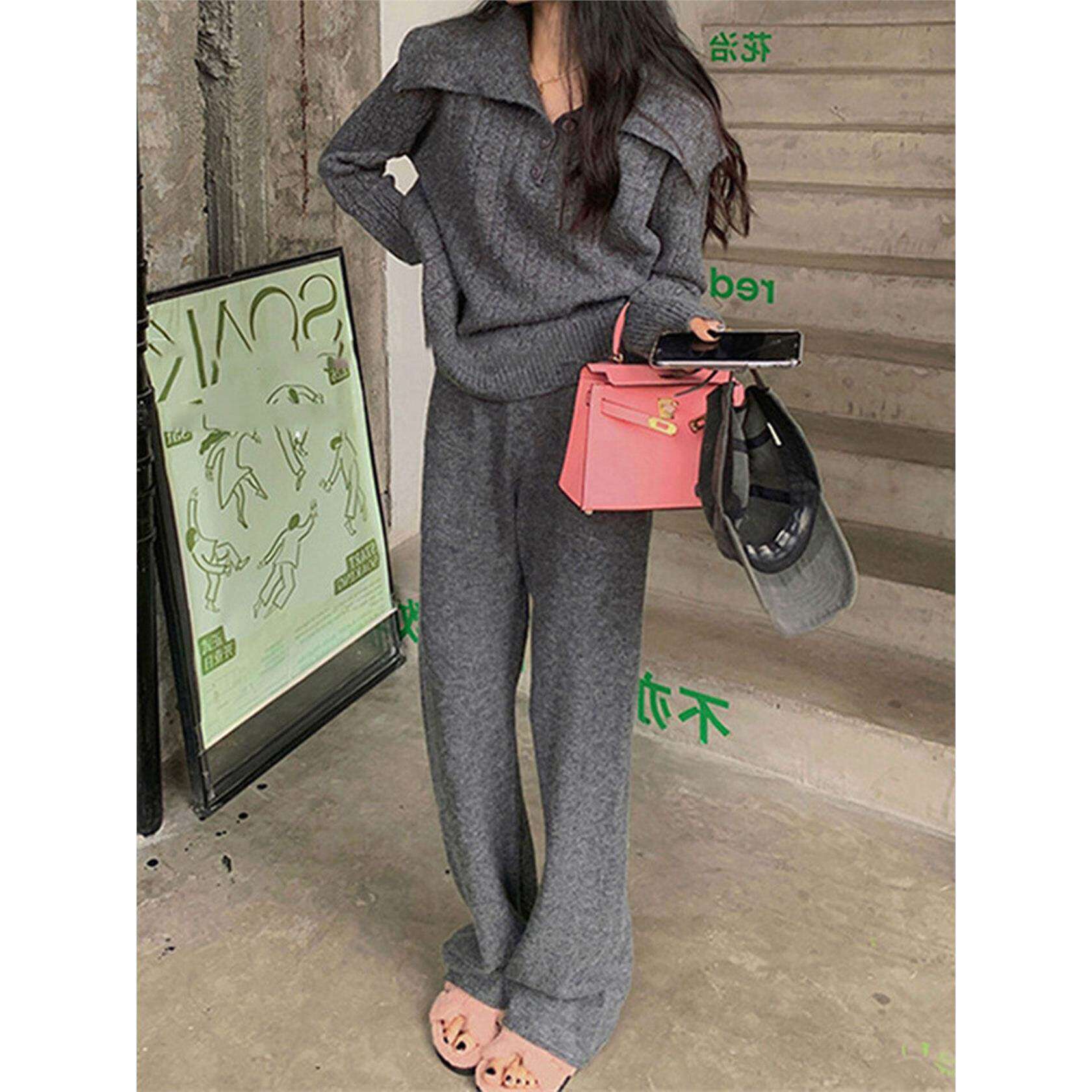 韩系麻花针织套装女2025秋冬新款慵懒风宽松翻领毛衣阔腿裤两件套