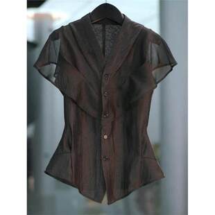 平易近人 奢华 高端 夏季 西式 衬衫 显老 显 女性黑色v领短袖