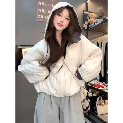 短款连帽拼接条纹棉服外套女2025秋冬新款宽松夹棉休闲保暖棉衣潮