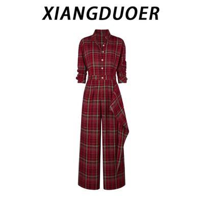 又a又飒御姐减龄气场强大高知得体复古红色格纹立领洋装女春秋