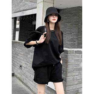 运动街头时尚 西式 全新2024港式 女士两件套夏季 套 减龄黑色休闲短裤