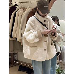 冬季 休闲宽松羔羊羊毛上衣 加厚立领皮草女士保暖外套2024新韩式