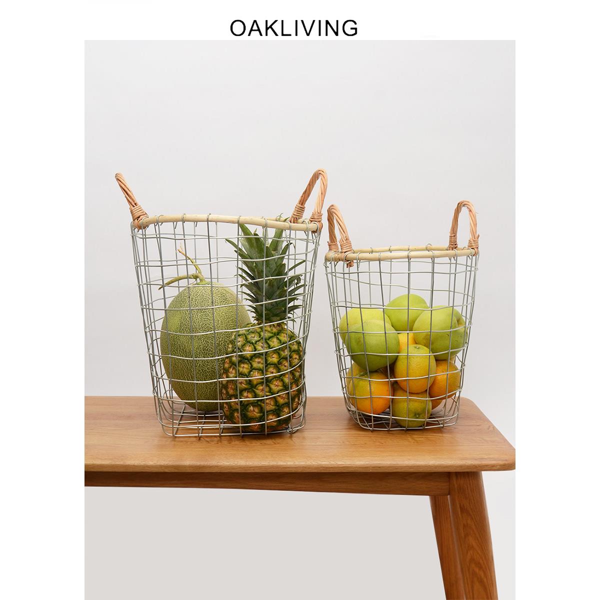 oakliving铁艺藤条收纳篮脏衣篮纯手编储物筐置物篮覆古简约网格