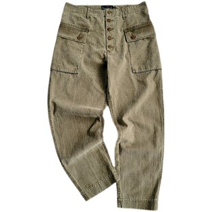 西里布卡其绿工装休闲裤水洗复古咔叽多口袋裤人字纹P44新品非rrl