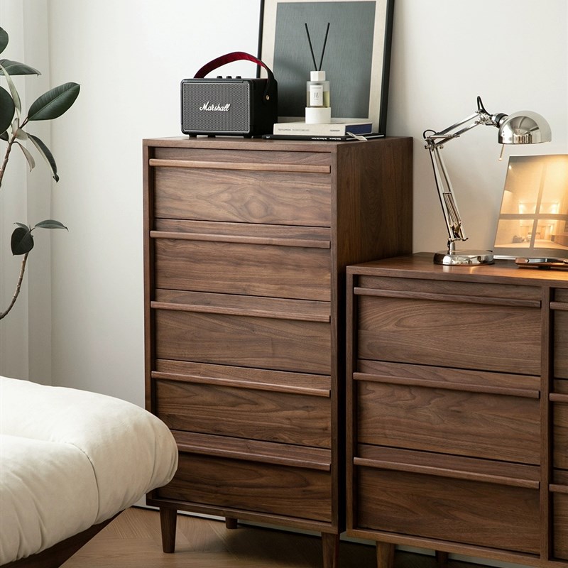 北美黑胡桃木五斗柜简约日式收纳边柜靠墙卧室抽屉客厅实木储物柜