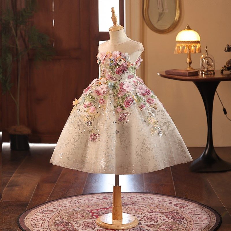 女童高级晚礼服花朵主持人走秀演出服生日花童公主裙高级感秋冬款