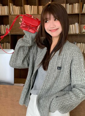 AGXS秋冬新款双拉链短款上衣简约百搭灰色针织开衫外套毛衣