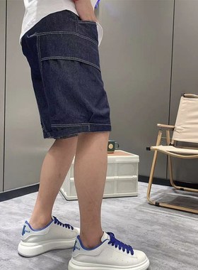 夏季蓝色牛仔短裤男士流行新款明线宽松直筒裤子青年工装风五分裤