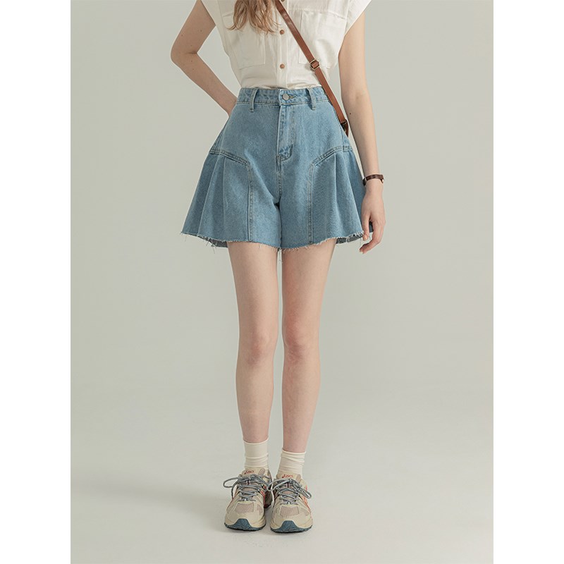 三十三 【Vivian 盛夏】浅蓝色a字高腰牛仔短裤女收腰显瘦裤子