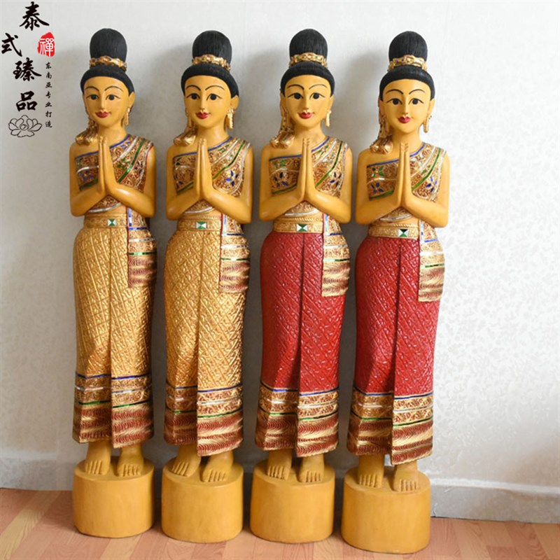泰国迎宾雕塑人物装饰品落地佛像工艺品摆设侍女摆件餐厅萨瓦迪卡