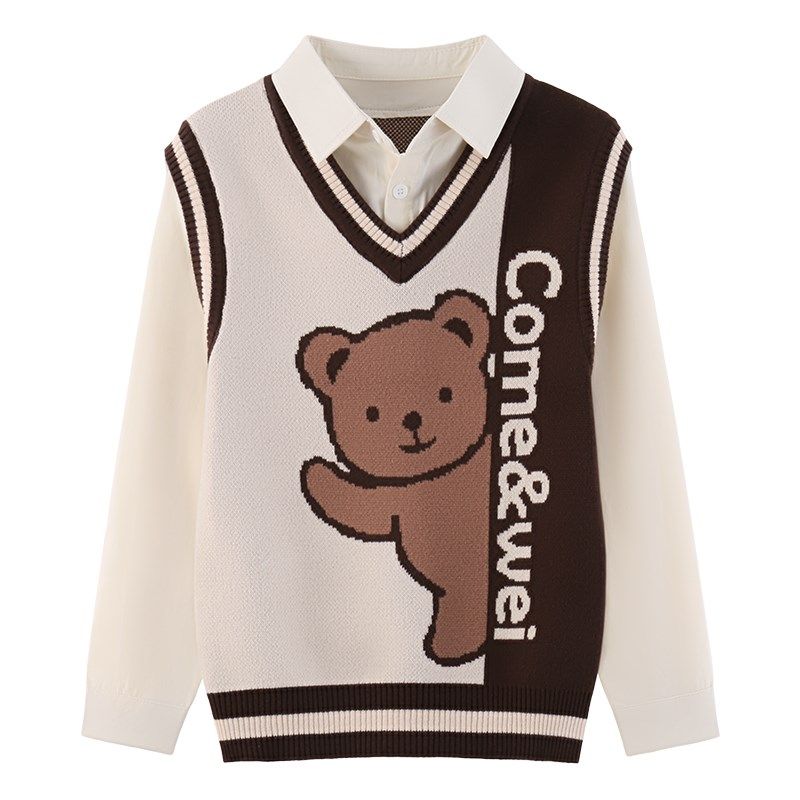 男童毛衣春秋薄款纯棉针织衫假两件中大童洋气男孩秋冬款加绒加厚