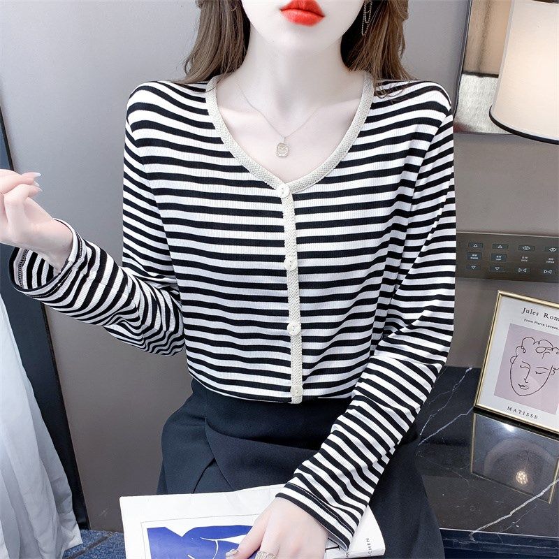 纯棉V领条纹打底衫女春秋新款内搭修身显瘦百搭长袖t恤女上衣外穿