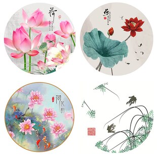水墨禅意荷花圆形挂画莲叶锦鲤墙画客厅晶瓷画玄关壁画餐厅布画