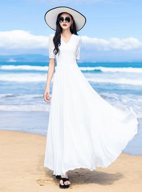 白色蕾丝连衣裙飘逸2021气质雪纺大摆沙滩裙长款海边长裙女夏脚踝