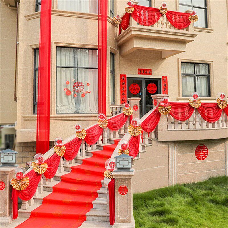 农村结婚别墅阳台美人纱装饰男方新房客厅扶梯纱幔大红花一整套装