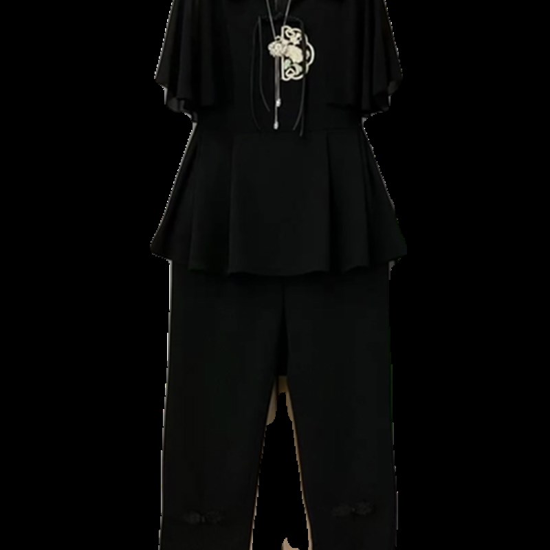 2024夏季新款时尚新中式国风胖妹显瘦衬衫领上衣裤子大码女装套装