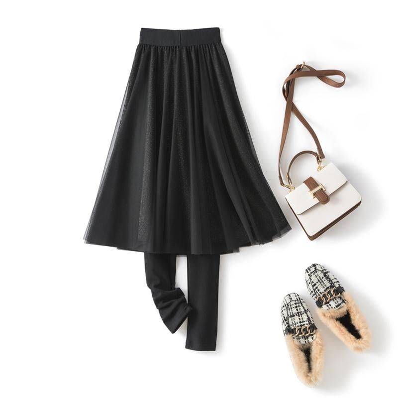 带裙子打底裤假两件黑色外穿A字百搭纯棉加绒加厚连裤裙大码小脚