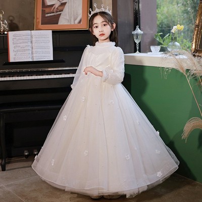 新款女童主持人秋冬晚礼服儿童走秀演出服小女孩洋气红色公主裙