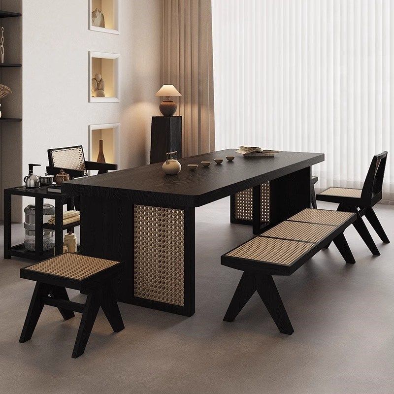 实木藤编茶台茶桌椅组合客厅碳黑大板茶几黑色侘寂风新中式泡茶台,住宅家具,家用茶台/茶桌,淘宝优惠券,粉丝福利购,淘宝优惠卷