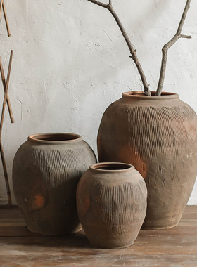 大圆肚黄色陶罐落地特大花瓶民宿侘寂风格客厅造景复古装饰粗陶罐