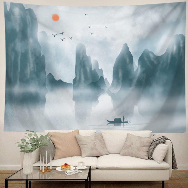 新中式水墨山水墙面装饰挂布客厅沙发背景布风景画布床头卧室挂毯,居家布艺,挂毯/壁毯,淘宝优惠券,粉丝福利购,淘宝优惠卷