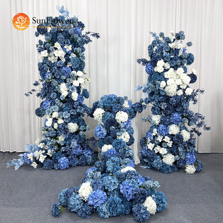 新款婚庆蔚蓝色铁艺花架拱门花柱户外草坪婚礼布置花墙橱窗装饰