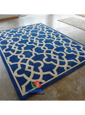 现简约蓝色长方工形格子欧式代中式手183羊毛厅茶几客地毯卧室床