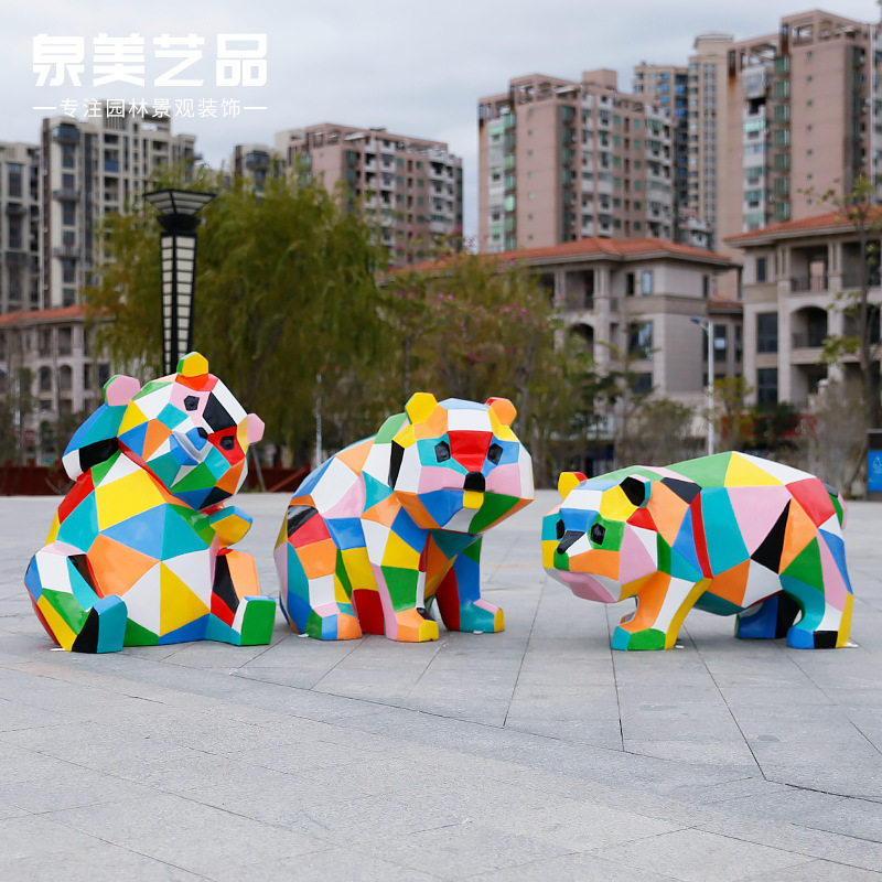 玻璃钢网红几何熊猫雕塑抽象切面动物落地摆件售楼处商场美陈装饰