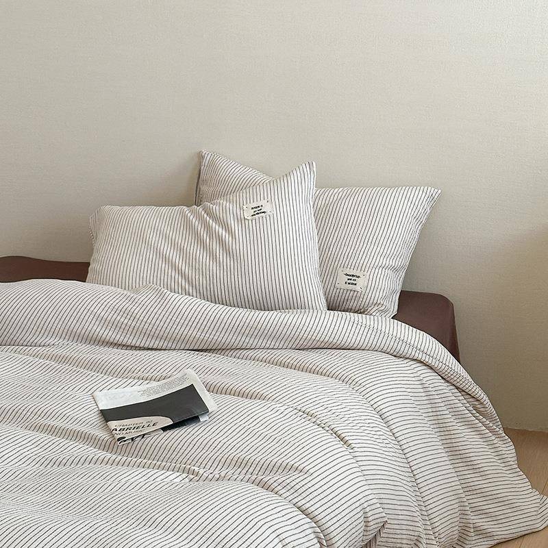 A类全棉条纹双层皱纱上OPQ四件皱套件套纯棉纱布条纹被床床单床笠