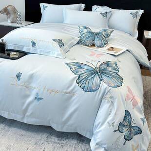 奢轻10长绒棉A类纯棉四件套蝴蝶刺绣0棉被套床单床全笠08121床上