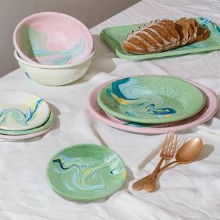 61K3餐土耳其大理石纹ZVX搪瓷餐具盘子圆形水果盘餐甜早品盘心点