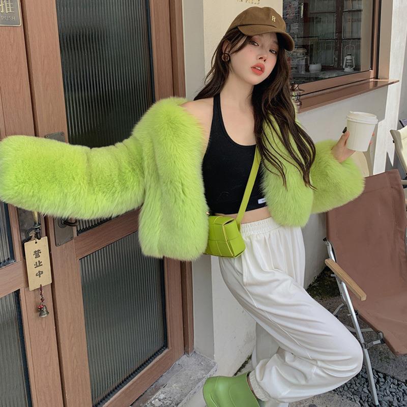新款炸街荧光绿保狐GM202500感狸毛外套短款韩版氛围蓬女蓬毛环毛