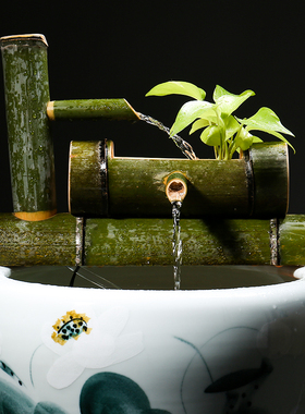 定制鱼缸竹流水过滤田园风竹子流水器石槽鱼缸池过滤摆件加湿器