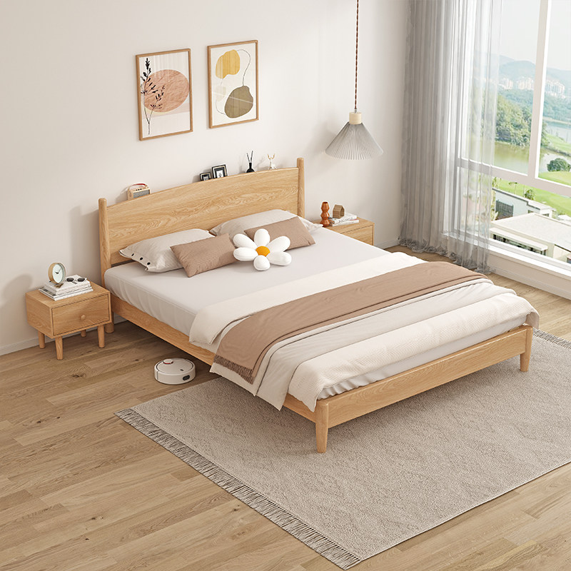 实木床现代简约1.8米双人床主卧室橡木1.5米单人床小户型原木大床