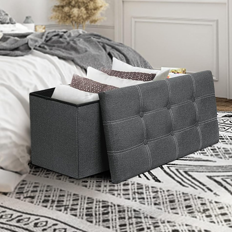布艺收纳凳家用可折叠储物凳细麻纽扣收纳箱多功能可坐换鞋凳