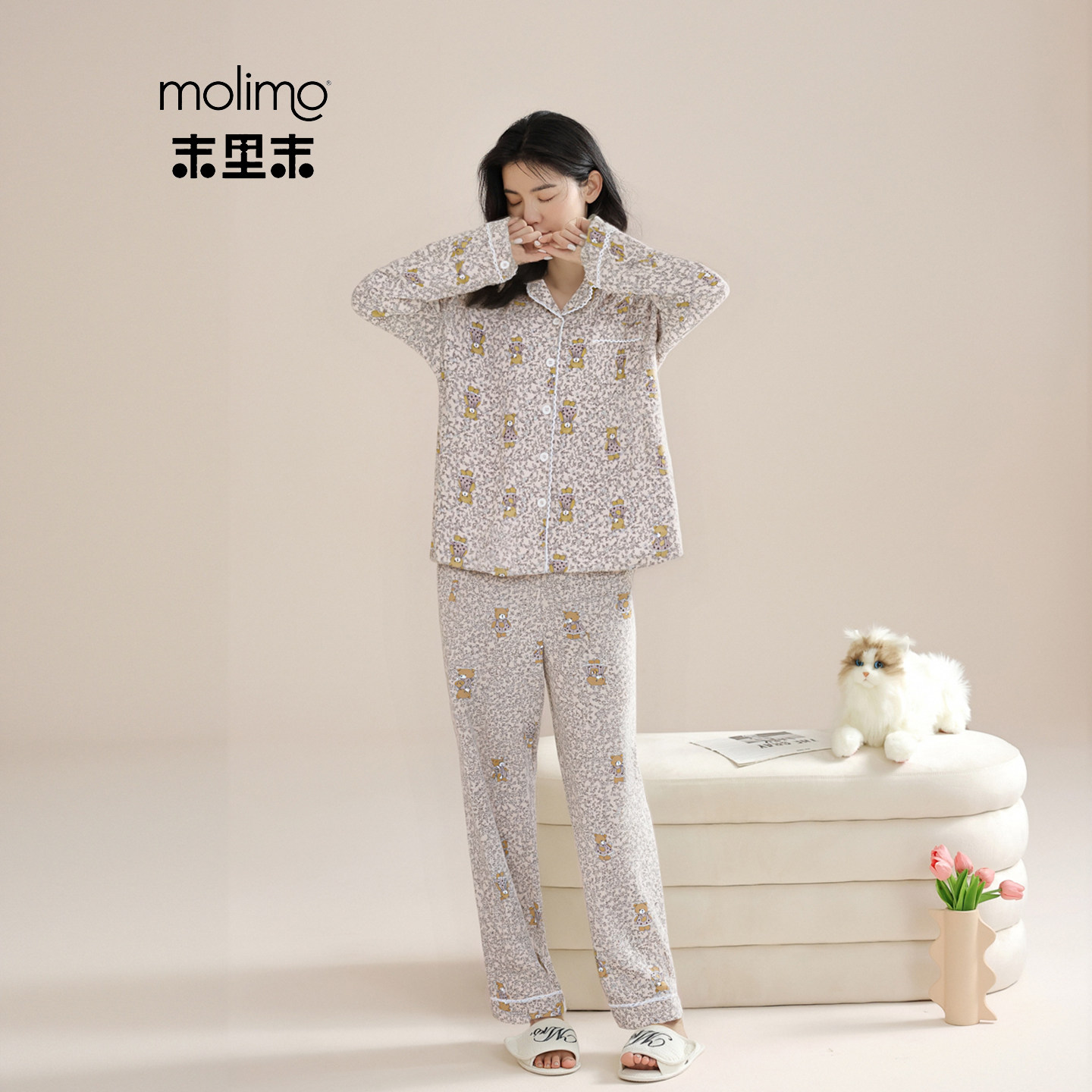 末里末【碎花可爱熊】100%纯棉亲肤透气带胸垫外穿睡衣女大码套装,女士内衣/男士内衣/家居服,睡衣/家居服套装,淘宝优惠券,粉丝福利购,淘宝优惠卷