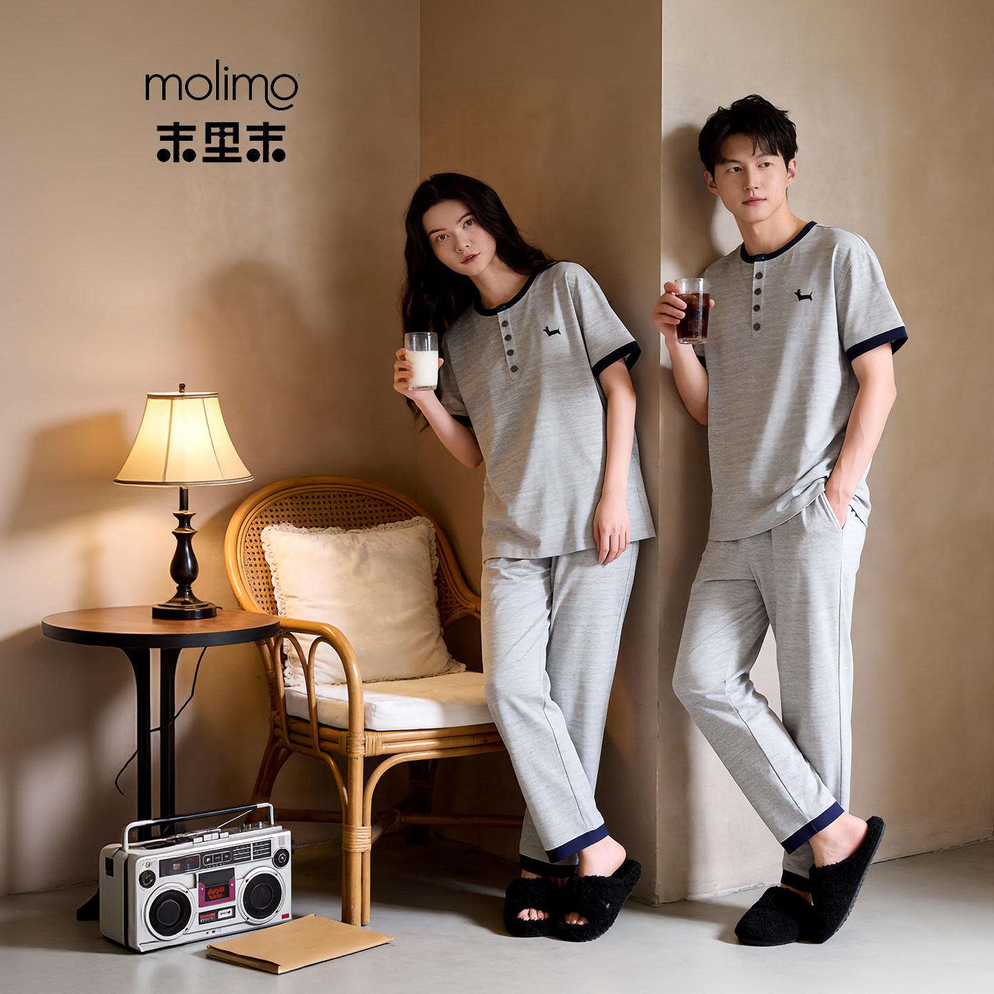 末里末【带胸垫】女款2026新款简单家居服男士纯棉情侣睡衣可外穿