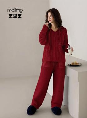末里末【樱桃红条纹】红色睡衣套装女秋冬家居服珊瑚绒加绒可外穿