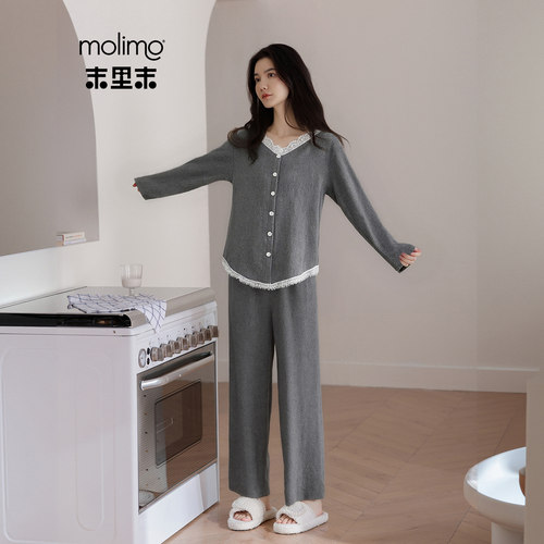 末里末保暖德绒蕾丝边女外出睡衣