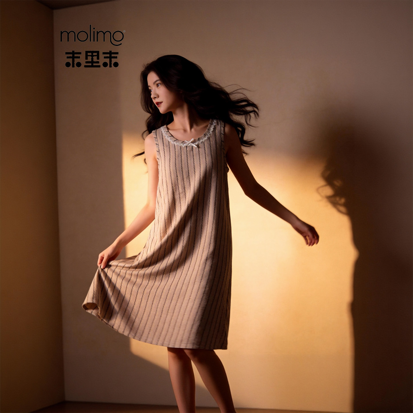 末里末【带胸垫】2026夏季无袖背心睡裙圆领蕾丝边条纹连衣裙睡衣