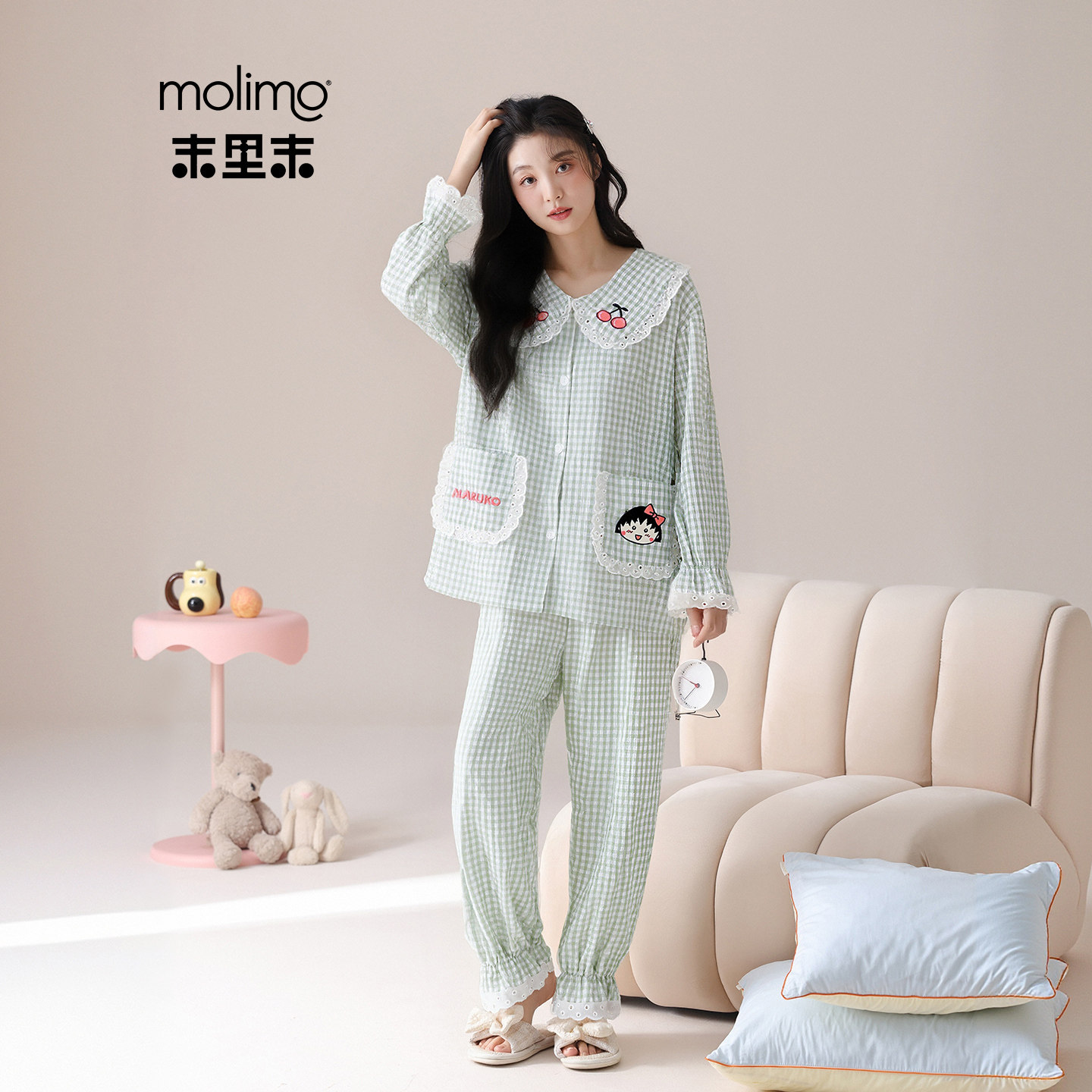 女款云朵棉甜美格子印花睡衣套装