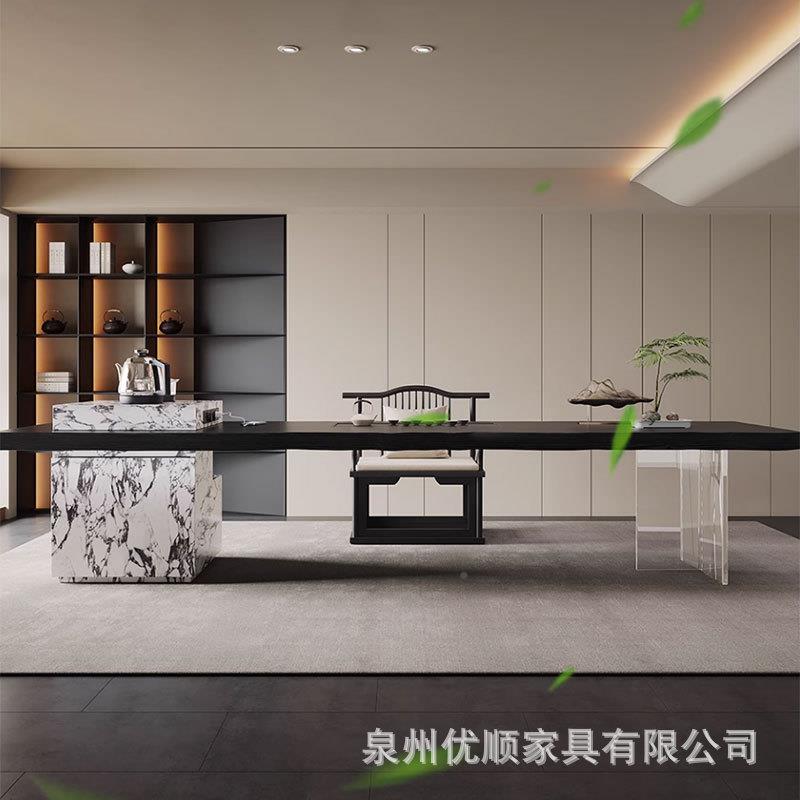 意极简实木岛大板台茶桌一体客式板厅家用TCZ茶台工作室接待整泡