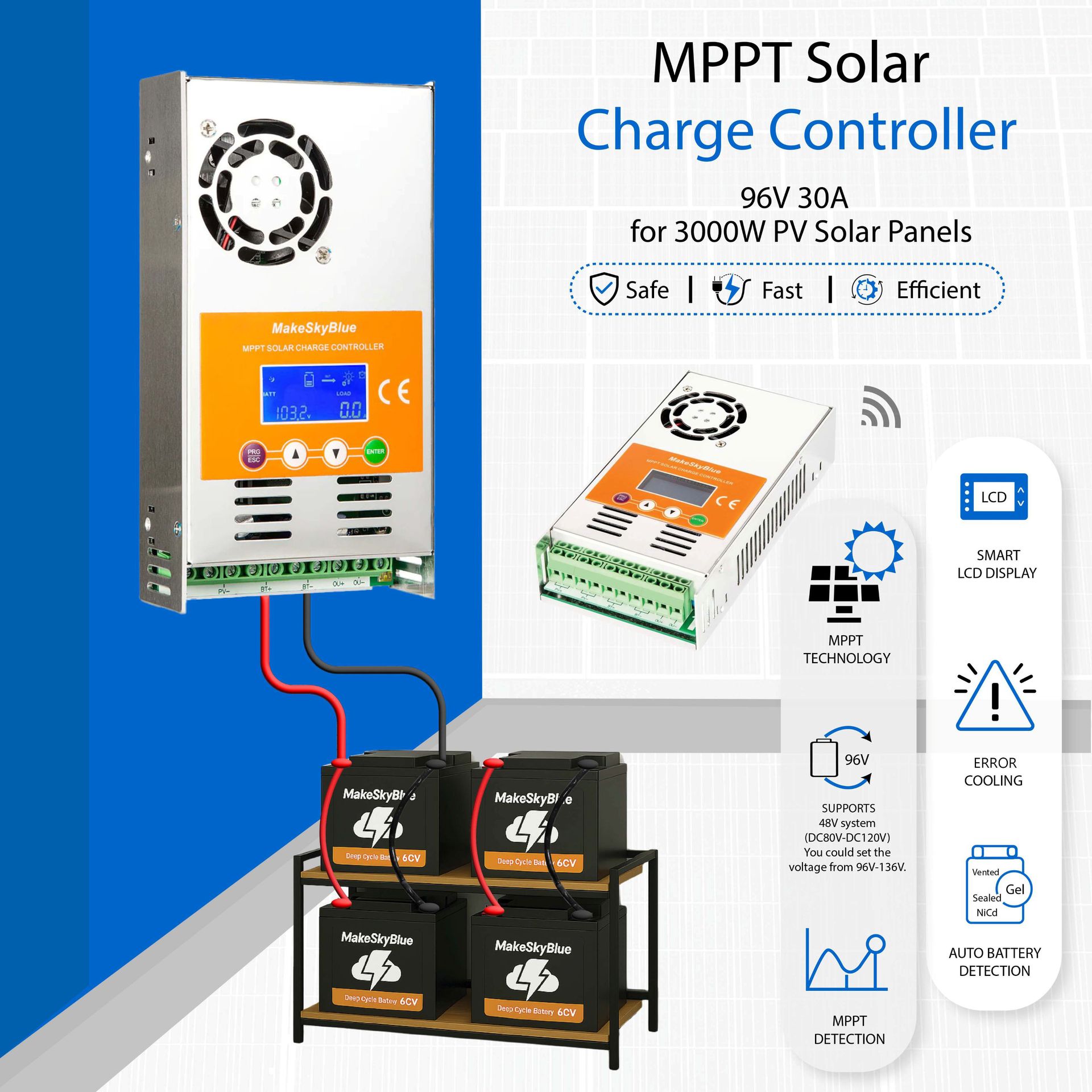 96V30A MPPT 磷酸铁锂 三元 铅酸电池 太阳能控制 带云服务