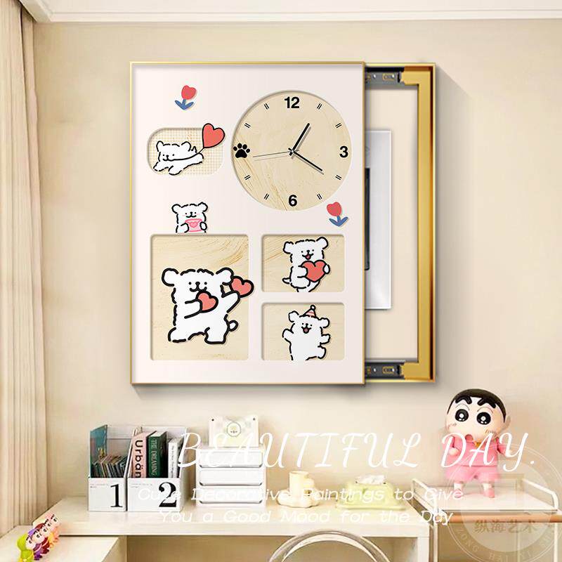 卡通线小条狗电表箱装饰画多表巴免打胺孔带钟遮挡竖款配妙趣时光