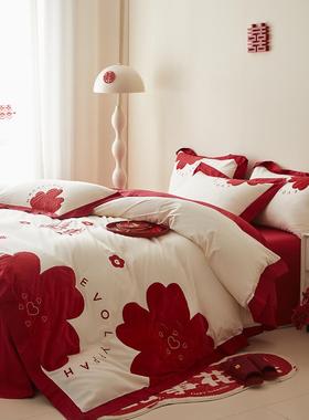 结F98SHM8M婚喜婚庆四套红色新嫁纯棉贴布绣被陪套床单婚嫁件床上