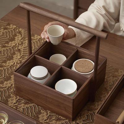 45O黑胡桃实木心手提V盒户外便携食FTL盒新中茶盒茶具茶道点式收