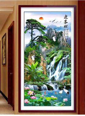 钻石画钻竖版迎客松仙绣鹤十字玄关走廊tb_57128流水生点钻砖满石